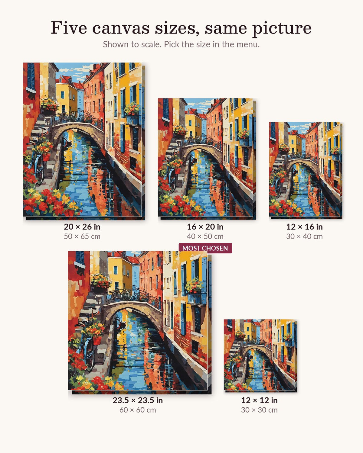 Canal Bridge with Bicycles and Flowers canvas sizes from 12 x 12 to 23.5 x 23.5 inches