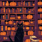 Candlelit Bookshop paint by numbers kit, black cat on the counter of a candlelit bookshop