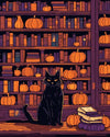 Candlelit Bookshop paint by numbers kit, black cat on the counter of a candlelit bookshop