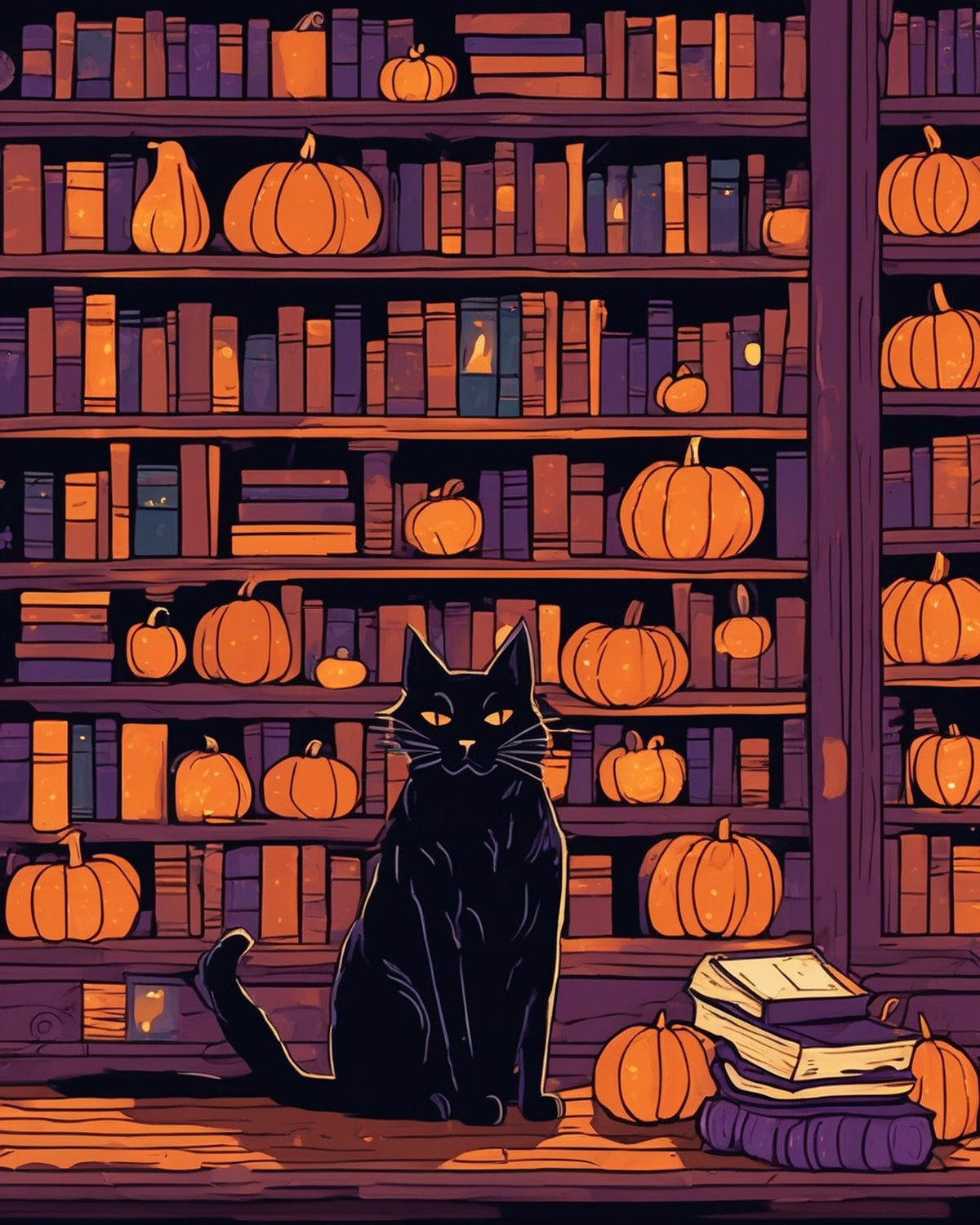 Candlelit Bookshop paint by numbers kit, black cat on the counter of a candlelit bookshop