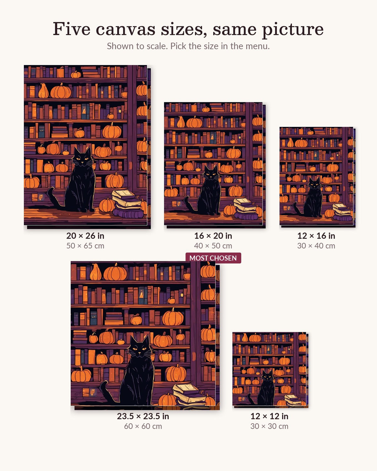 Candlelit Bookshop canvas sizes from 12 x 12 to 23.5 x 23.5 inches