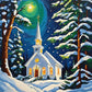Candlelit Chapel in the Snow paint by numbers kit, white chapel with glowing windows among snowy pines under a starry night sky