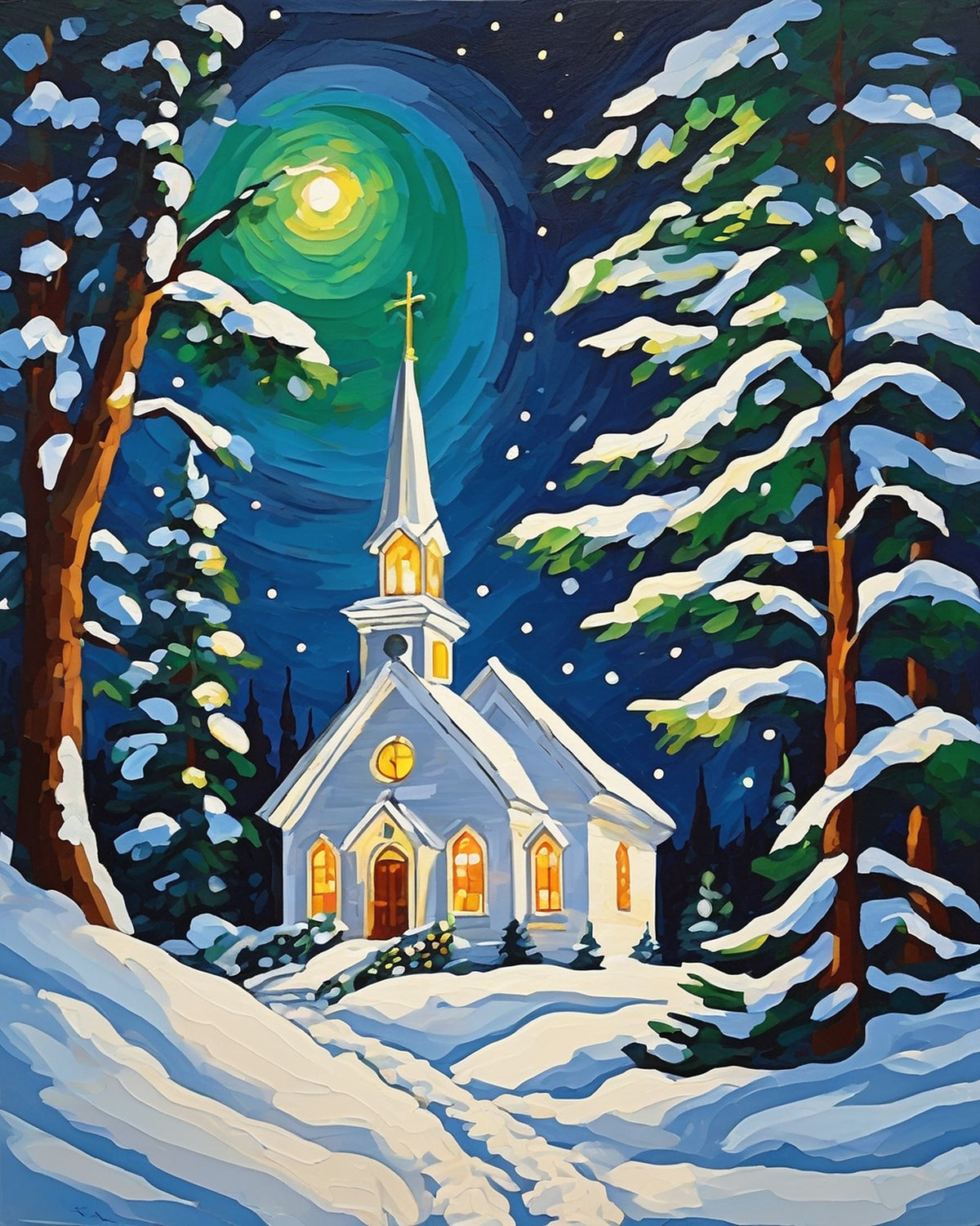 Candlelit Chapel in the Snow paint by numbers kit, white chapel with glowing windows among snowy pines under a starry night sky
