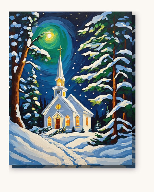 Candlelit Chapel in the Snow paint by numbers kit on stretched canvas