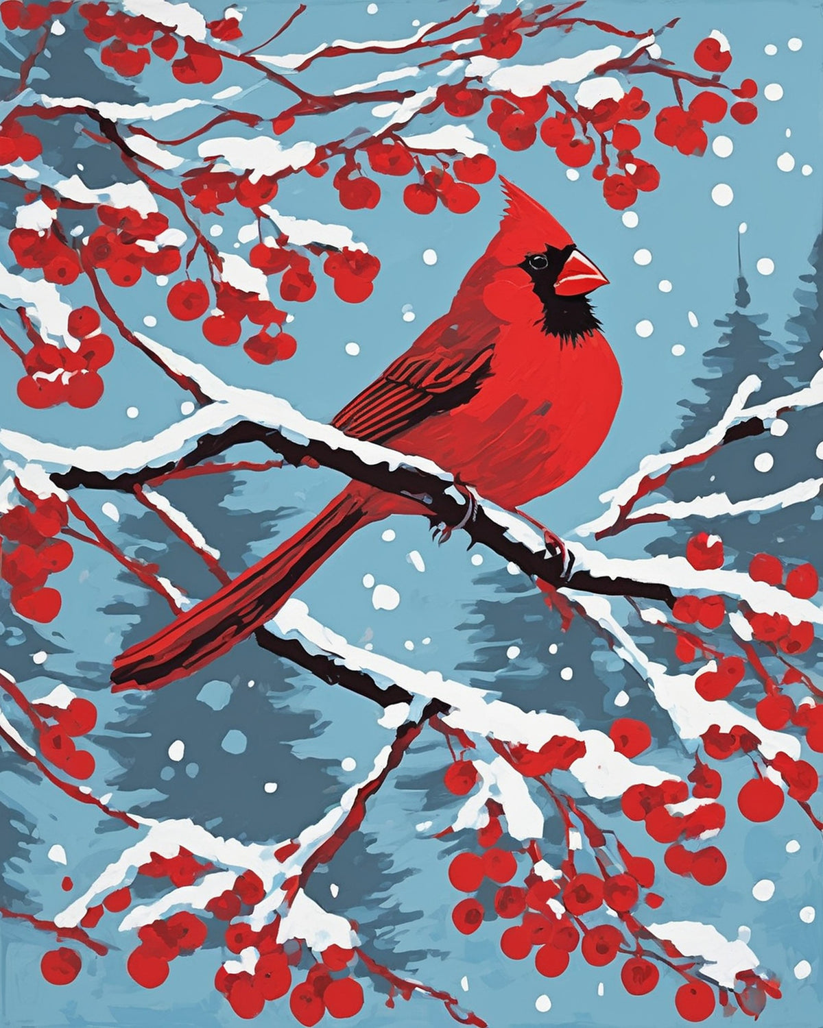 red cardinal on a snowy branch with red winter berries paint by numbers kit