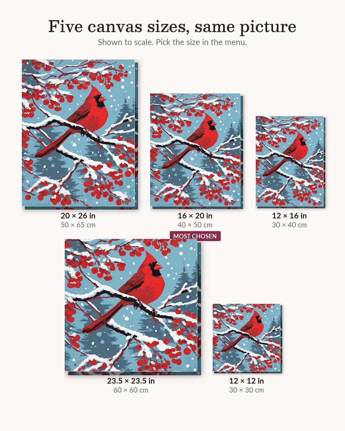 Cardinal in the Winter Berries canvas sizes from 12 x 12 to 23.5 x 23.5 inches