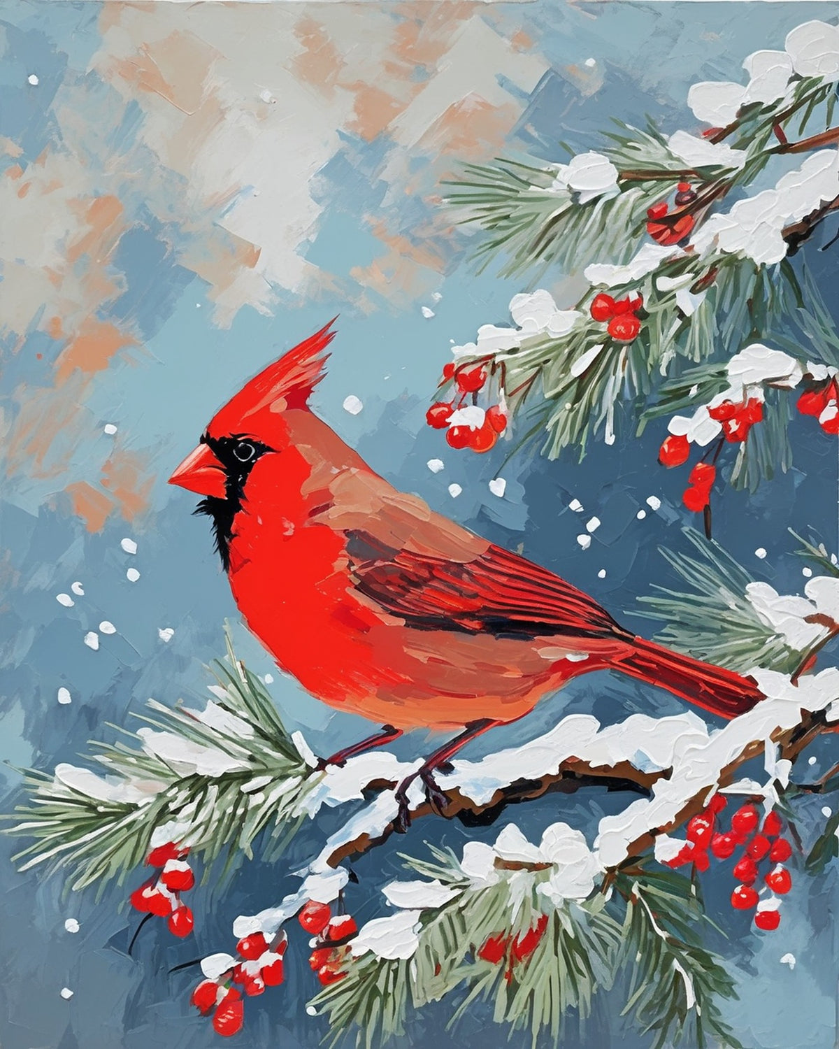 Cardinal on the Snowy Pine paint by numbers kit, red cardinal bird on a snowy pine branch
