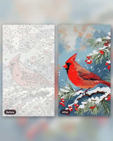 Cardinal on the Snowy Pine paint by numbers kit, before and after