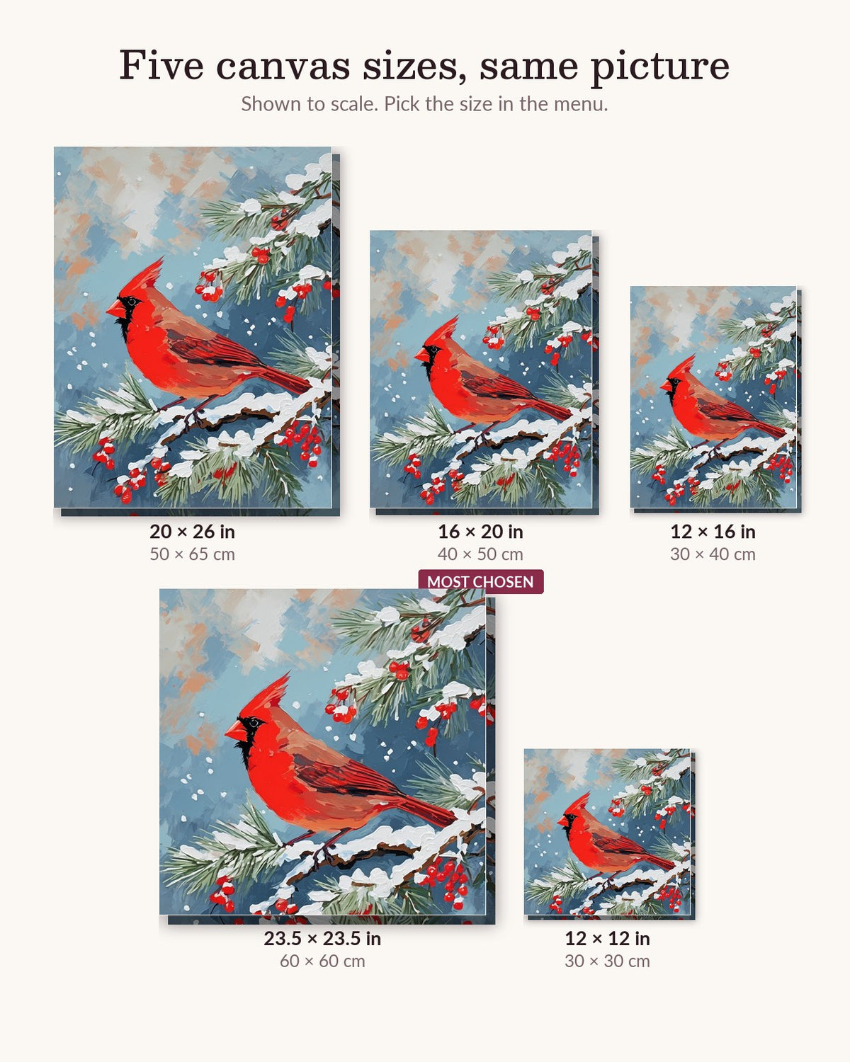 Cardinal on the Snowy Pine canvas sizes from 12 x 12 to 23.5 x 23.5 inches
