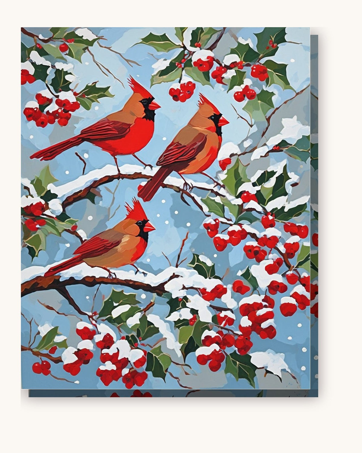 Cardinals on a Snowy Holly Branch paint by numbers kit on stretched canvas