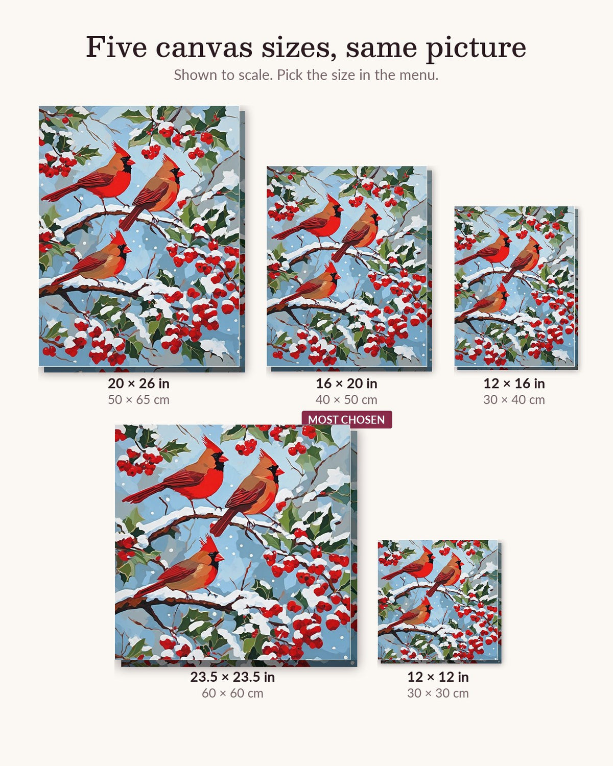 Cardinals on a Snowy Holly Branch canvas sizes from 12 x 12 to 23.5 x 23.5 inches