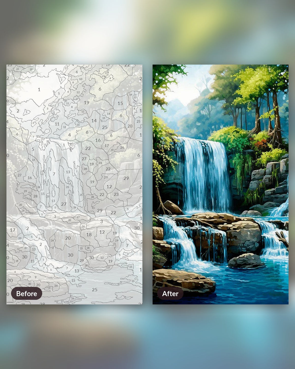 Haven of Falls paint by numbers kit, before and after
