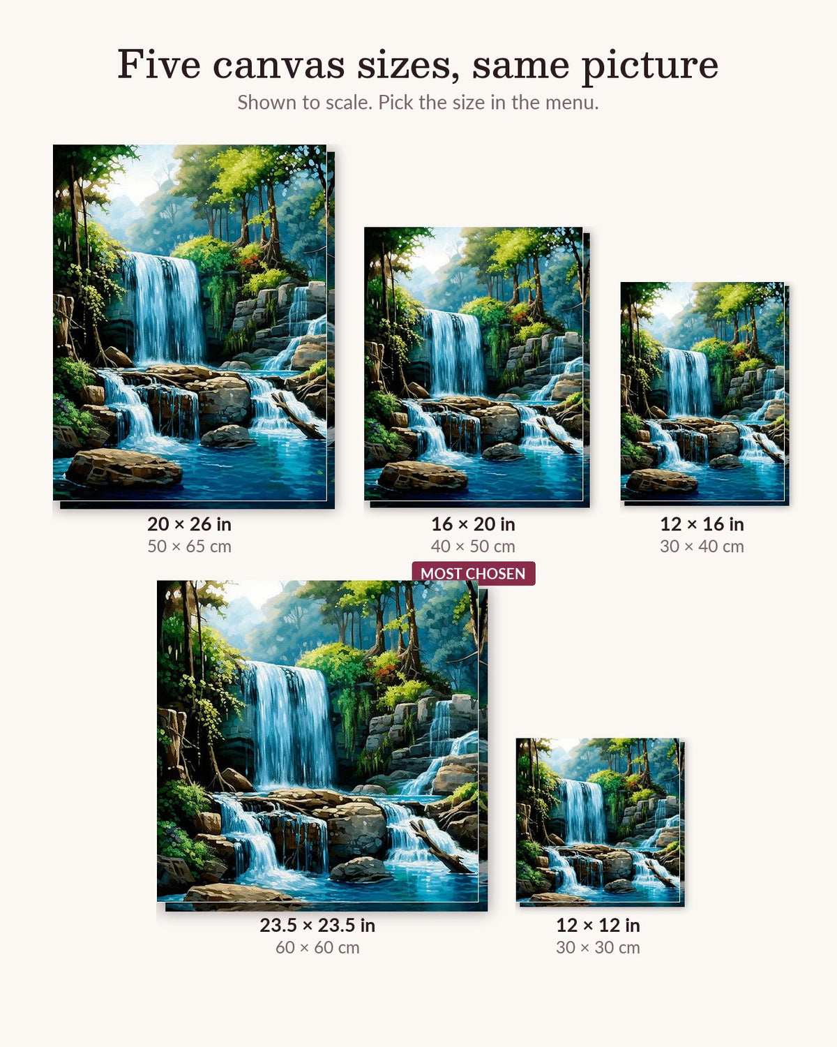 Haven of Falls canvas sizes from 12 x 12 to 23.5 x 23.5 inches