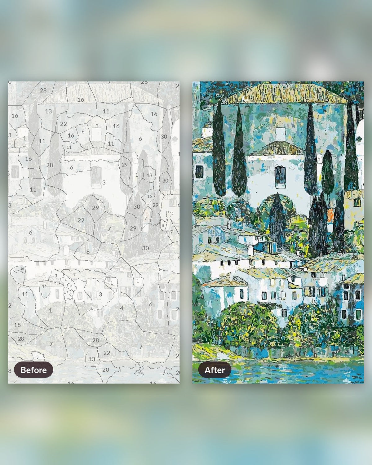 Church in Cassone paint by numbers kit, before and after