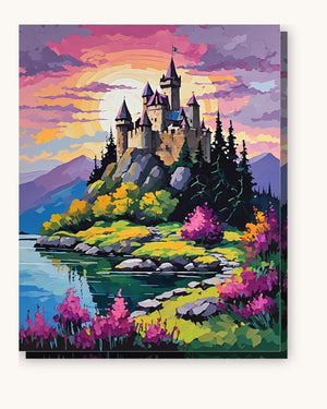 Castle on a Lake at Sunset paint by numbers kit on stretched canvas