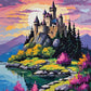 stone castle on a rocky hill beside a lake with purple mountains, pink flowers and a sunset sky, paint by numbers kit