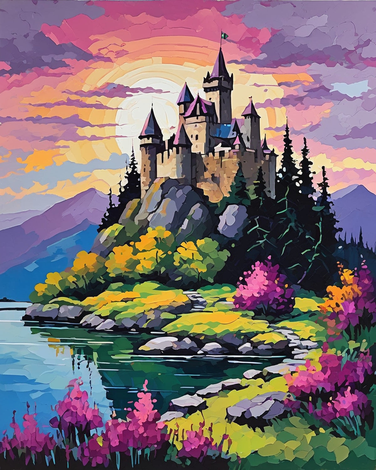 stone castle on a rocky hill beside a lake with purple mountains, pink flowers and a sunset sky, paint by numbers kit