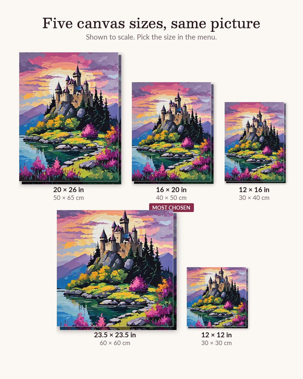 Castle on a Lake at Sunset canvas sizes from 12 x 12 to 23.5 x 23.5 inches