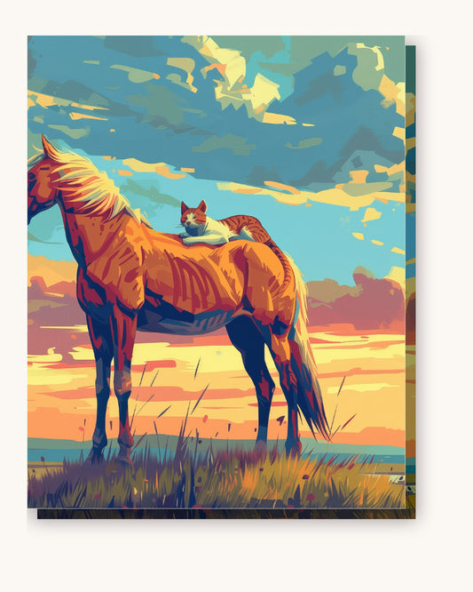 Cat and Horse Friendship paint by numbers kit on stretched canvas