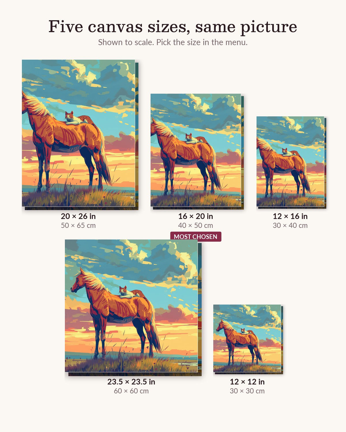 Cat and Horse Friendship canvas sizes from 12 x 12 to 23.5 x 23.5 inches