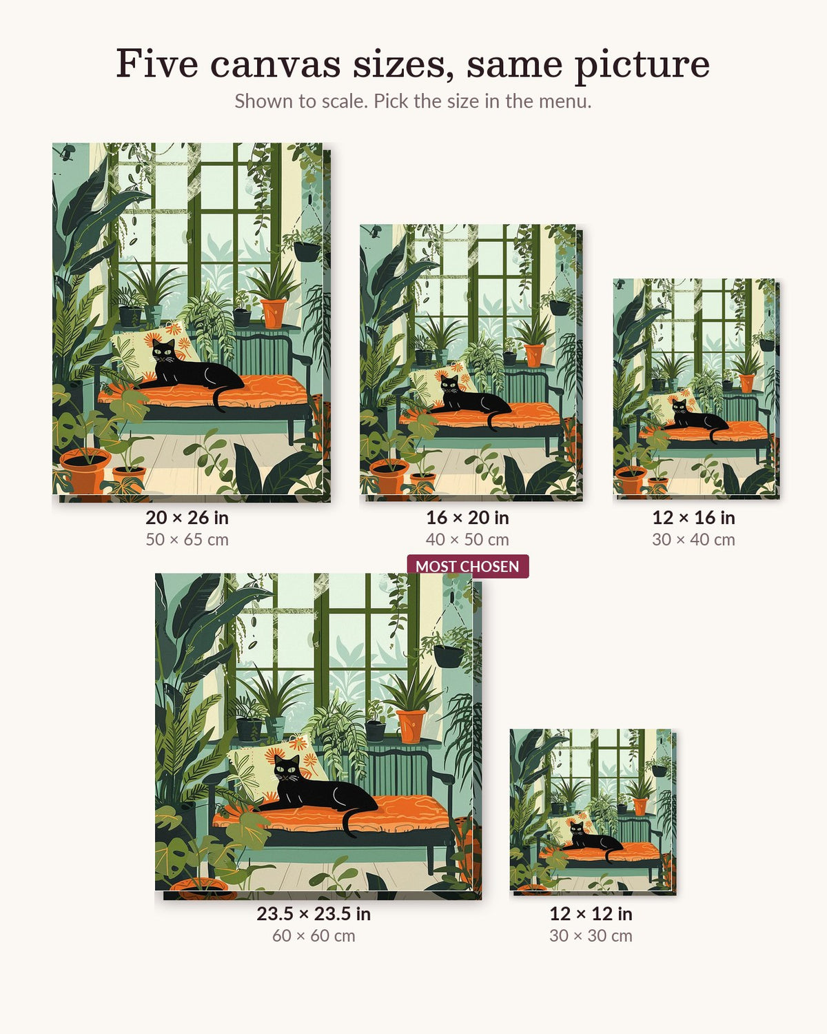 Cat In Living Room canvas sizes from 12 x 12 to 23.5 x 23.5 inches