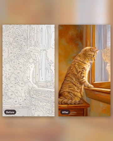 Curious Cat paint by numbers kit, before and after