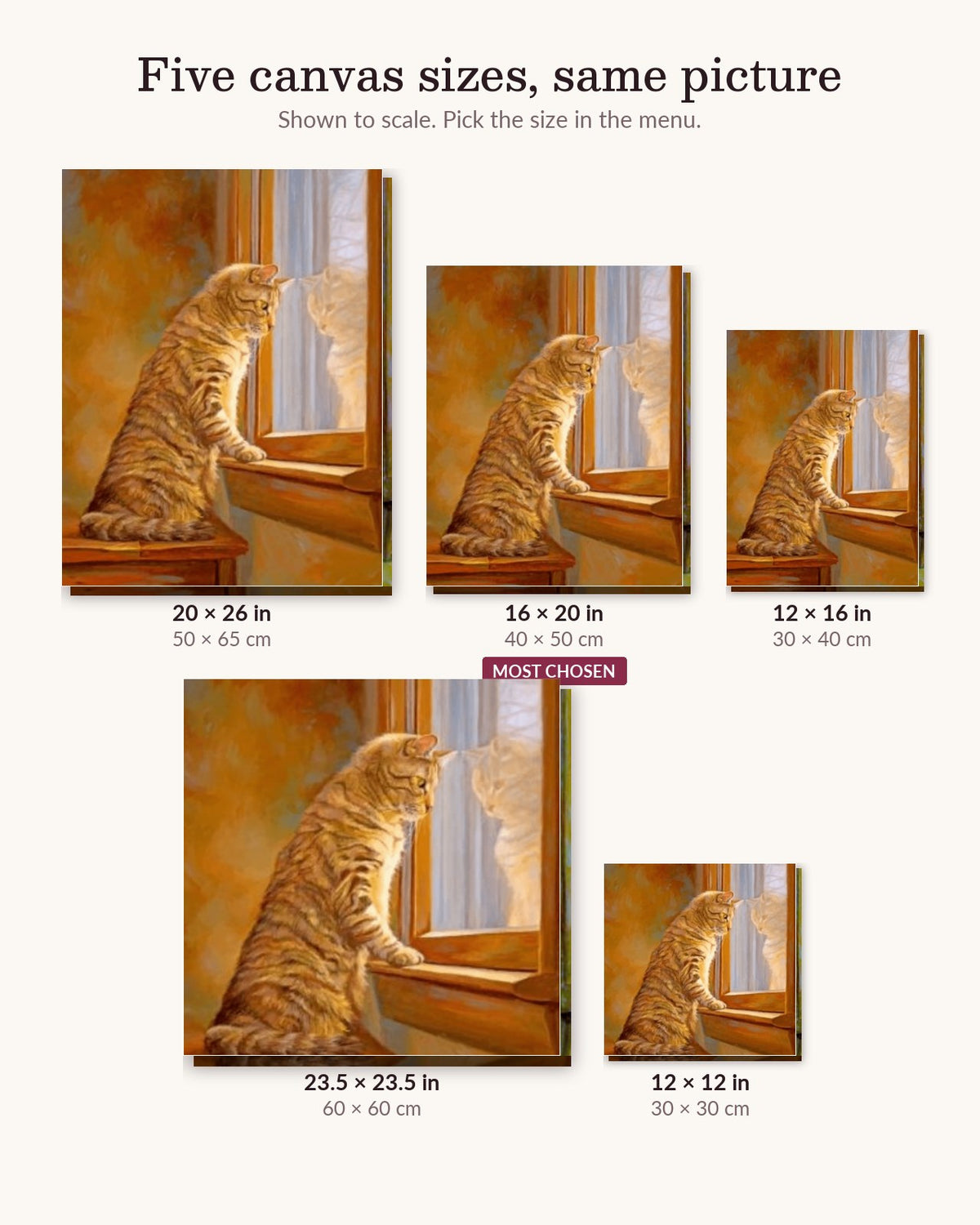 Curious Cat canvas sizes from 12 x 12 to 23.5 x 23.5 inches