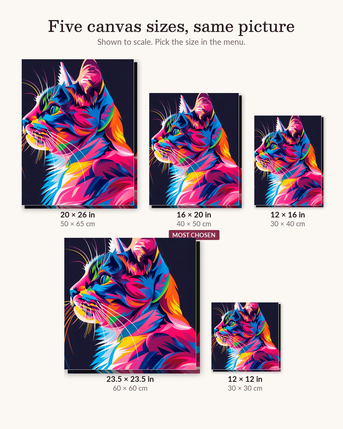 Cat’s Gaze canvas sizes from 12 x 12 to 23.5 x 23.5 inches