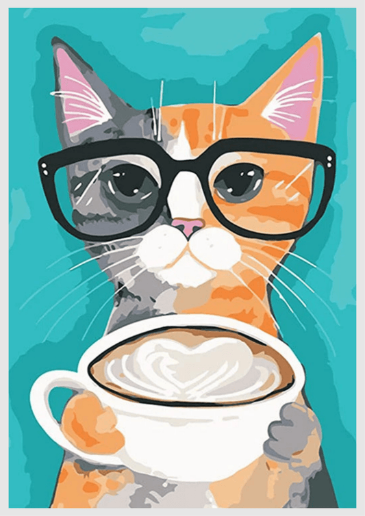 Cat With Glasses And Coffee - Premium Paint by Numbers Kit