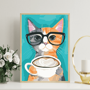 Cat With Glasses And Coffee Paint by Numbers - Close-up Detail