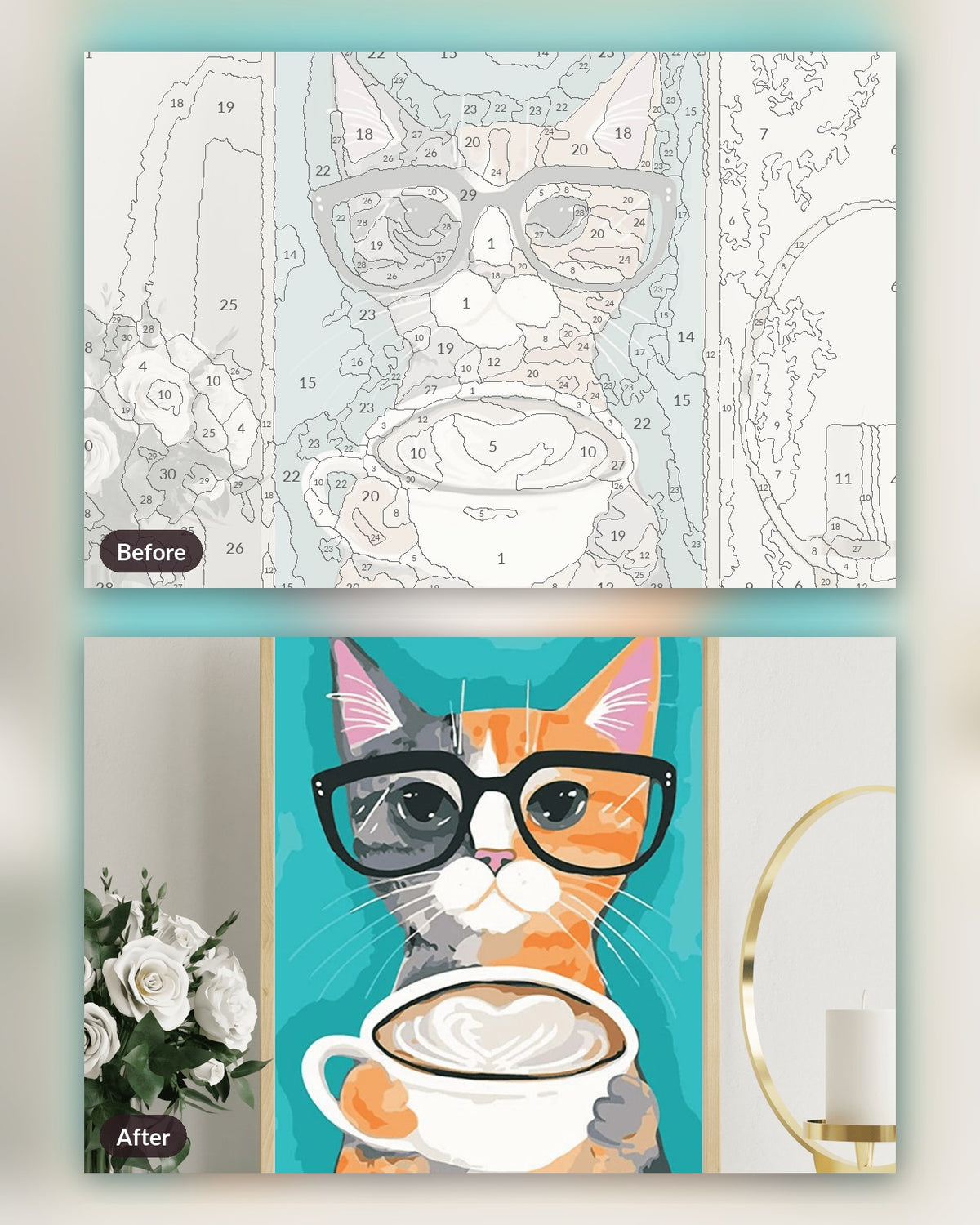 Cat With Glasses And Coffee paint by numbers kit, before and after