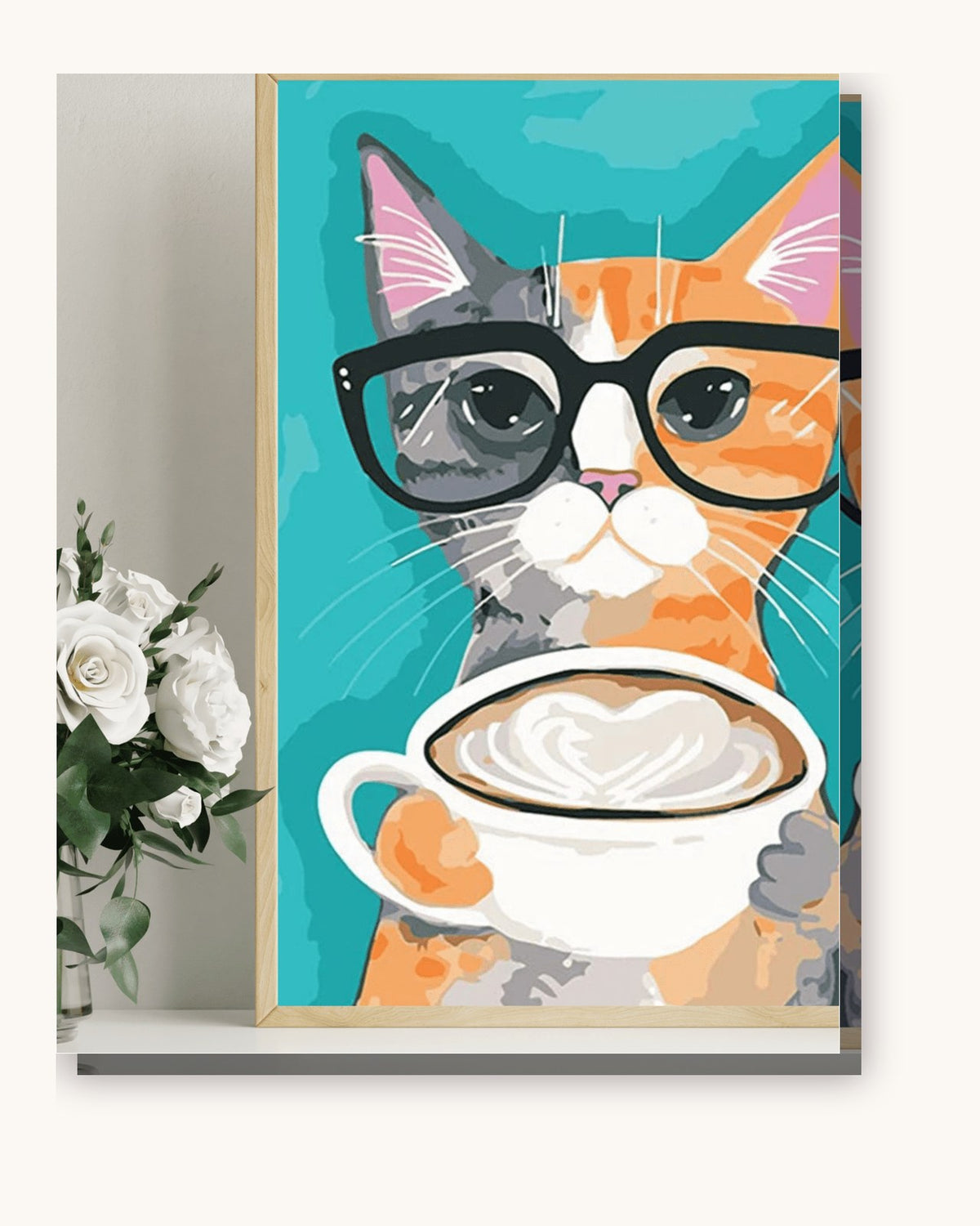 Cat With Glasses And Coffee paint by numbers kit on stretched canvas