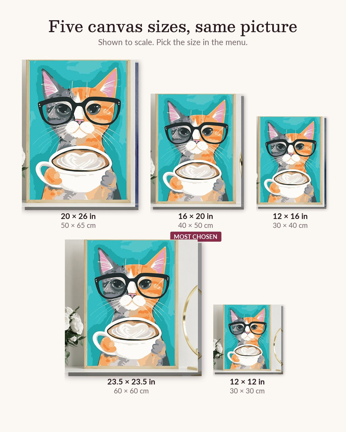 Cat With Glasses And Coffee canvas sizes from 12 x 12 to 23.5 x 23.5 inches