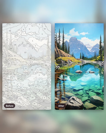 Rocky Mountains Lake Reflection paint by numbers kit, before and after
