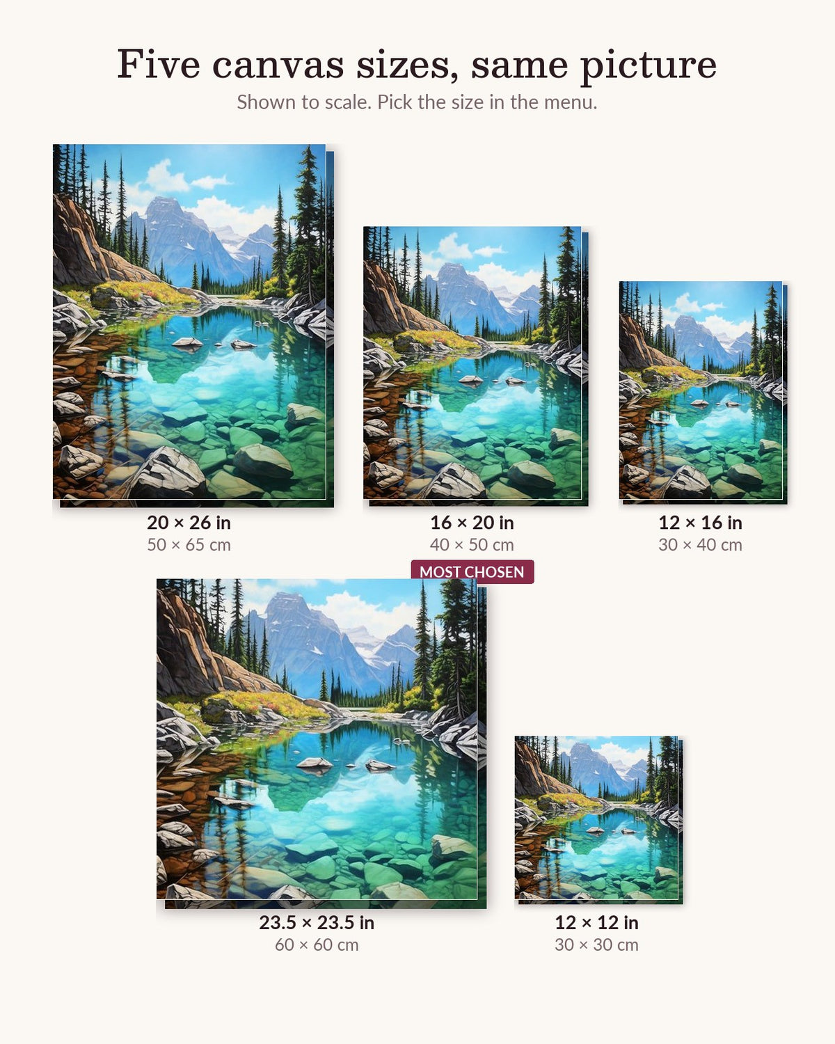 Rocky Mountains Lake Reflection canvas sizes from 12 x 12 to 23.5 x 23.5 inches
