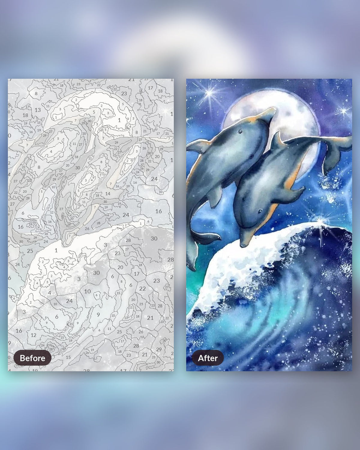 Celestial Surfing paint by numbers kit, before and after