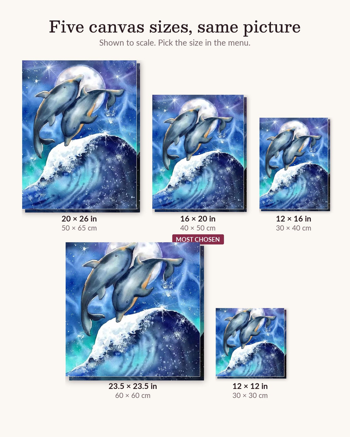 Celestial Surfing canvas sizes from 12 x 12 to 23.5 x 23.5 inches