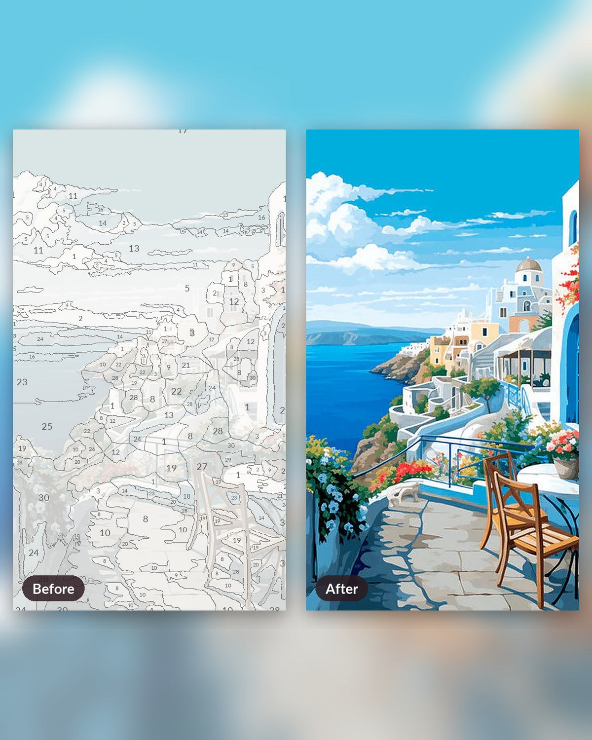 Cerulean Calm paint by numbers kit, before and after