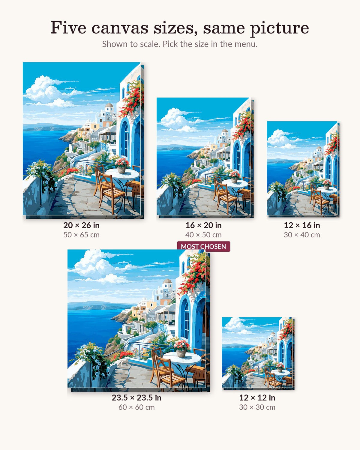 Cerulean Calm canvas sizes from 12 x 12 to 23.5 x 23.5 inches