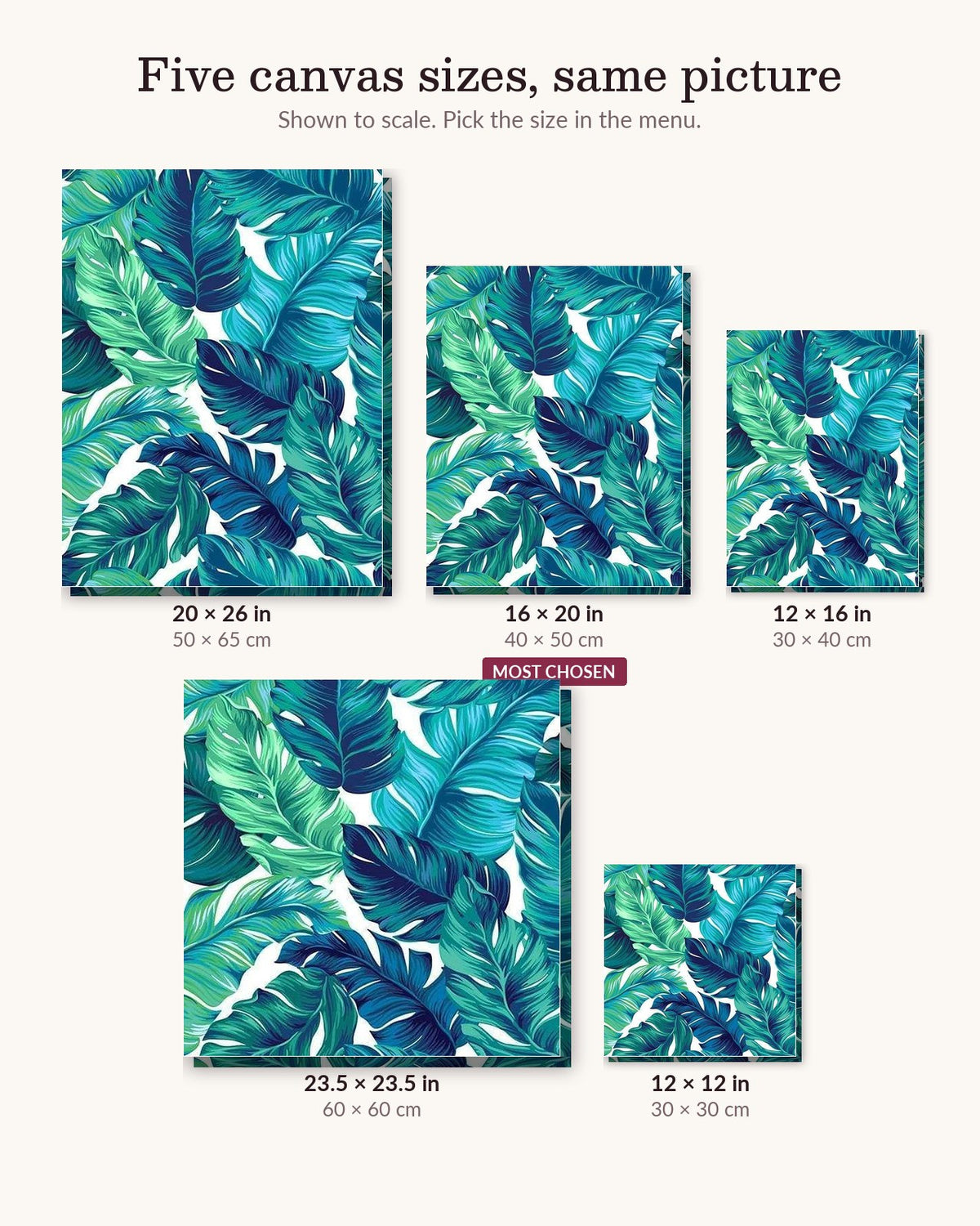 Charming Peacock canvas sizes from 12 x 12 to 23.5 x 23.5 inches
