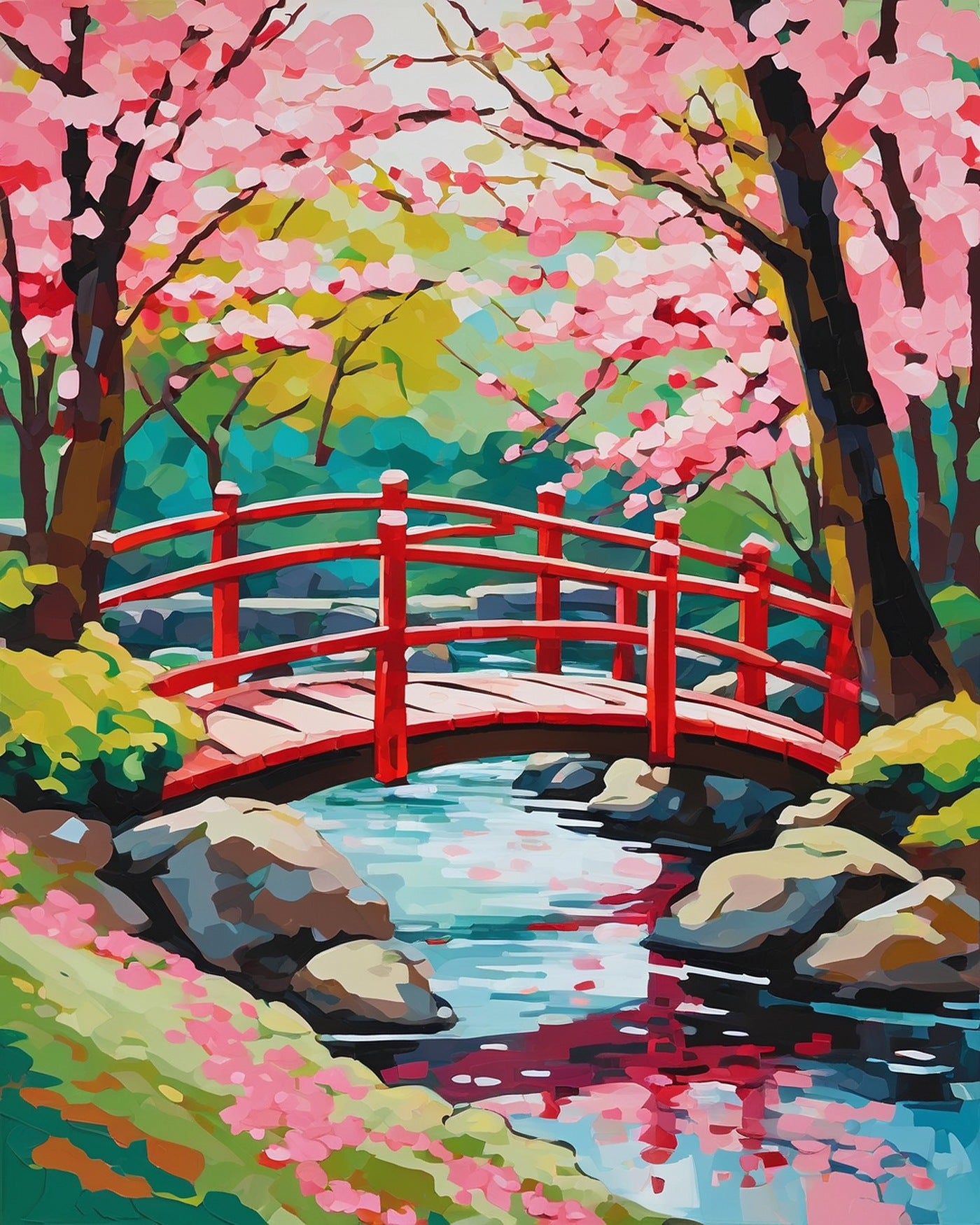 Cherry Blossom Bridge paint by numbers kit, red bridge surrounded by pink cherry blossoms