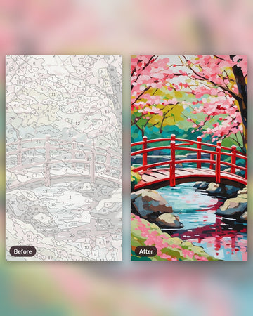 Cherry Blossom Bridge paint by numbers kit, before and after