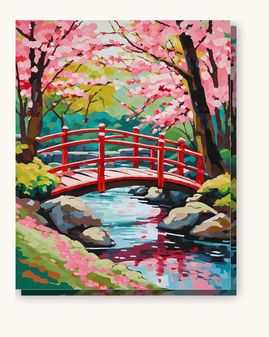 Cherry Blossom Bridge paint by numbers kit on stretched canvas