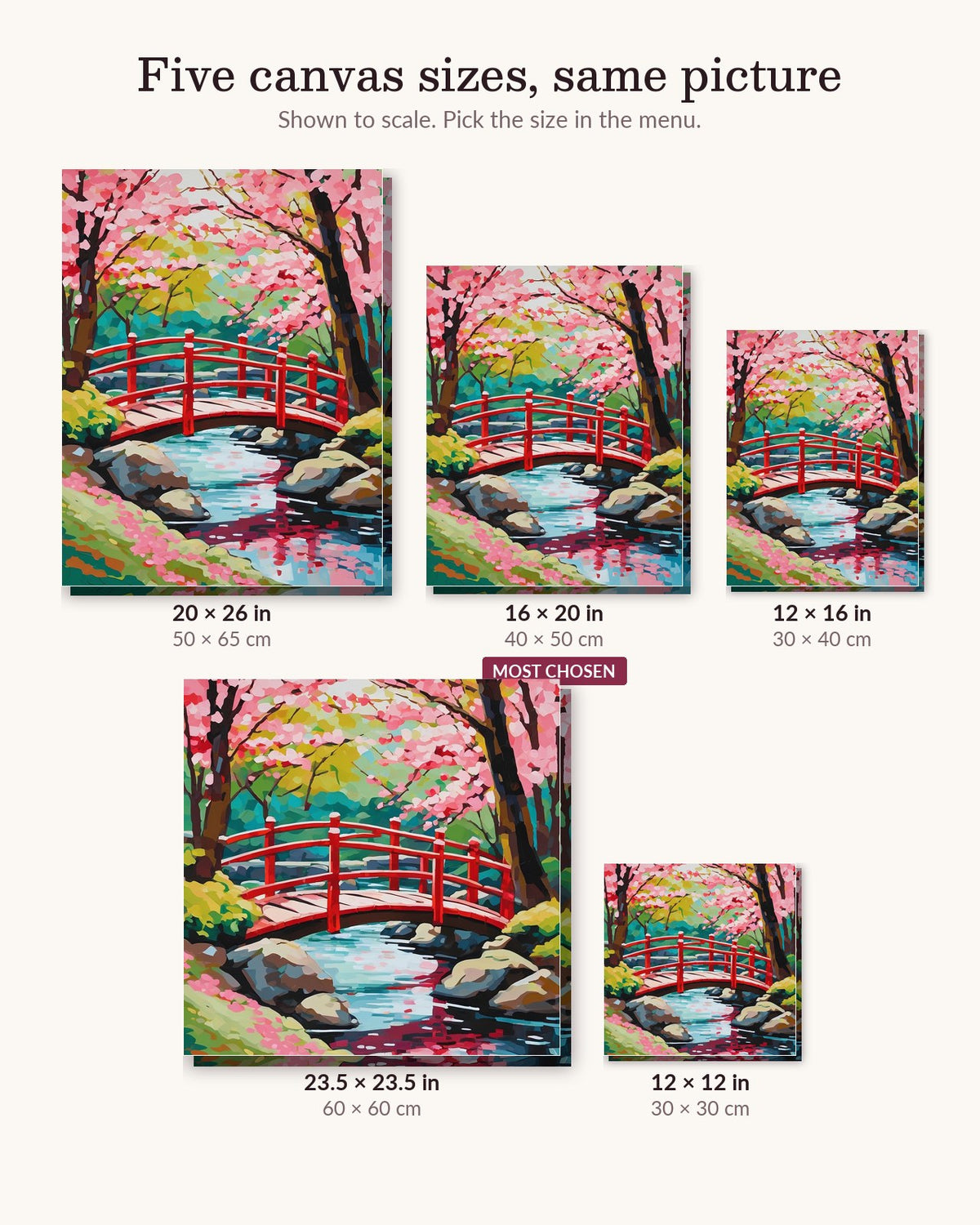 Cherry Blossom Bridge canvas sizes from 12 x 12 to 23.5 x 23.5 inches