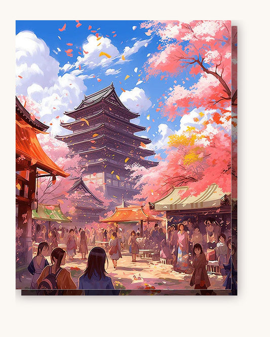 Cherry Blossom Festival paint by numbers kit on stretched canvas