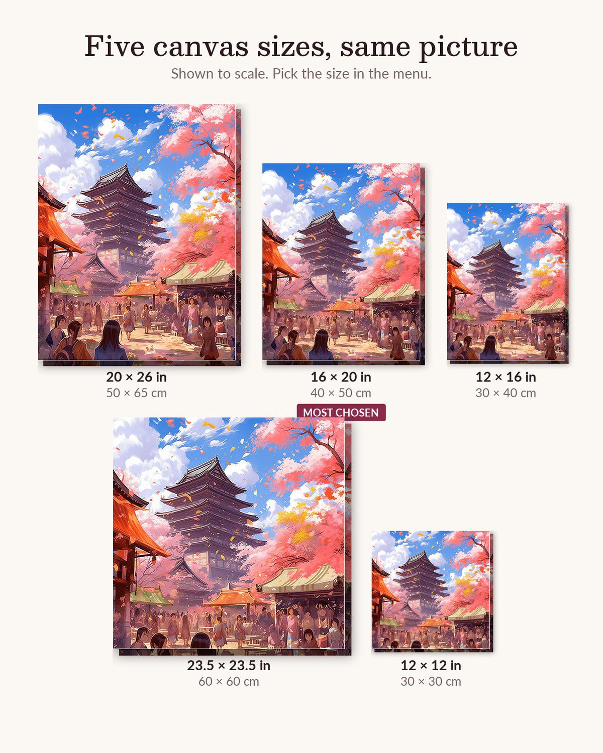 Cherry Blossom Festival canvas sizes from 12 x 12 to 23.5 x 23.5 inches