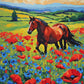 chestnut horse walking through a field of red poppies and blue cornflowers, paint by numbers kit