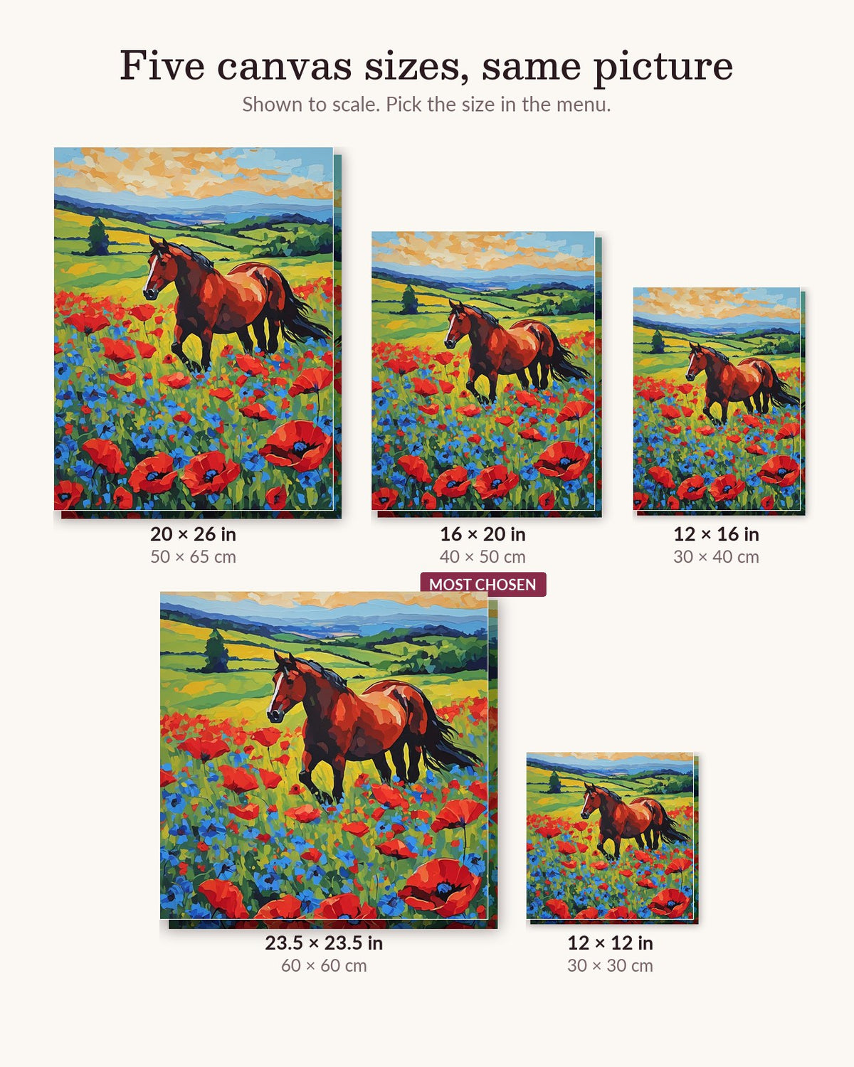 Chestnut Horse in the Wildflowers canvas sizes from 12 x 12 to 23.5 x 23.5 inches