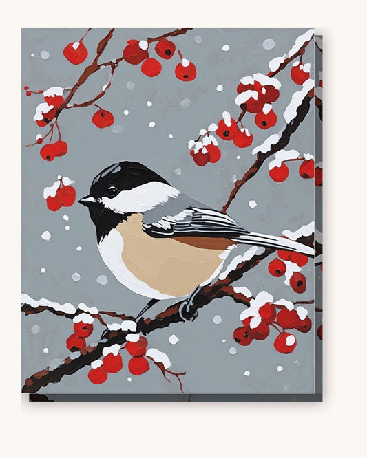 Chickadee in Winter Berries paint by numbers kit on stretched canvas