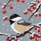 chickadee with a black cap on a branch with red berries and snow against a grey sky, paint by numbers kit